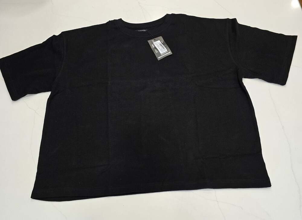 BoohooMAN Oversized Boxy Man Sport Over The Seam Print Waffle T-Shirt Black L